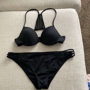 Victorias Secret black bikini, top 34B w/ Racerback crochet detail, bottom L